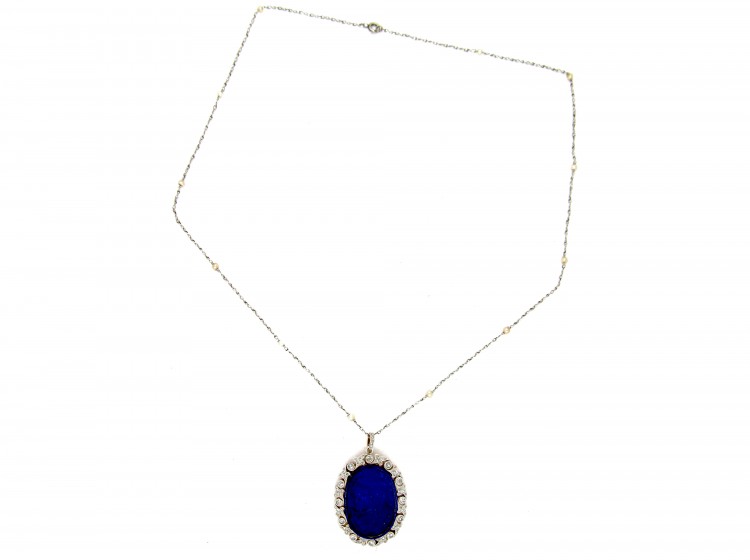 Lapis Lazuli & Diamond Art Nouveau Pendant on Chain