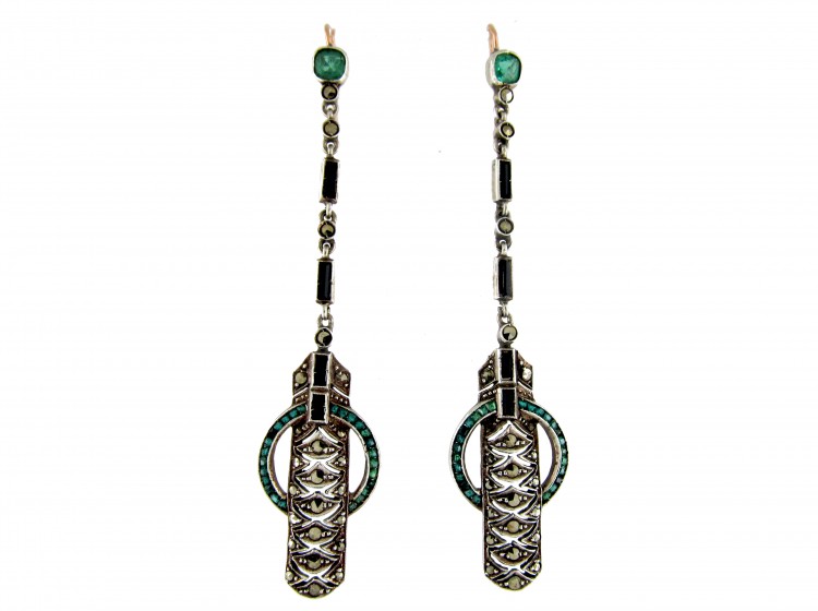 Silver ​& Paste Art Deco Long Drop Earrings