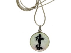 Edwardian Silver & Guilloche Enamel Cherub & Dog Pendant