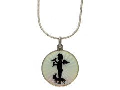Edwardian Silver & Guilloche Enamel Cherub & Dog Pendant