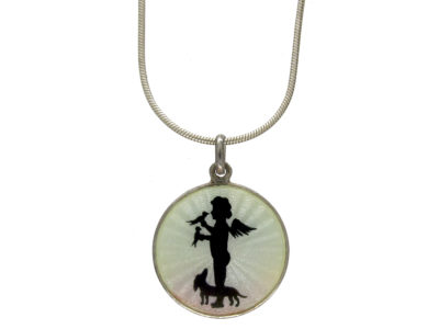 Edwardian Silver & Guilloche Enamel Cherub & Dog Pendant