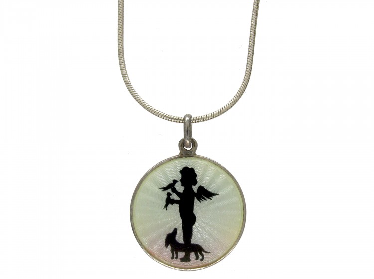 Edwardian Silver & Guilloche Enamel Cherub & Dog Pendant