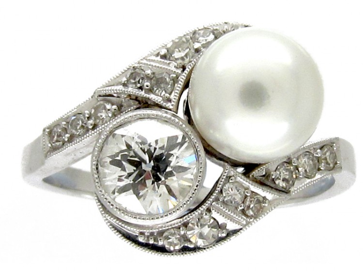 Pearl & Diamond White Gold Art Deco Ring
