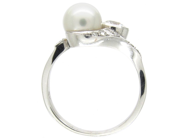 Pearl & Diamond White Gold Art Deco Ring