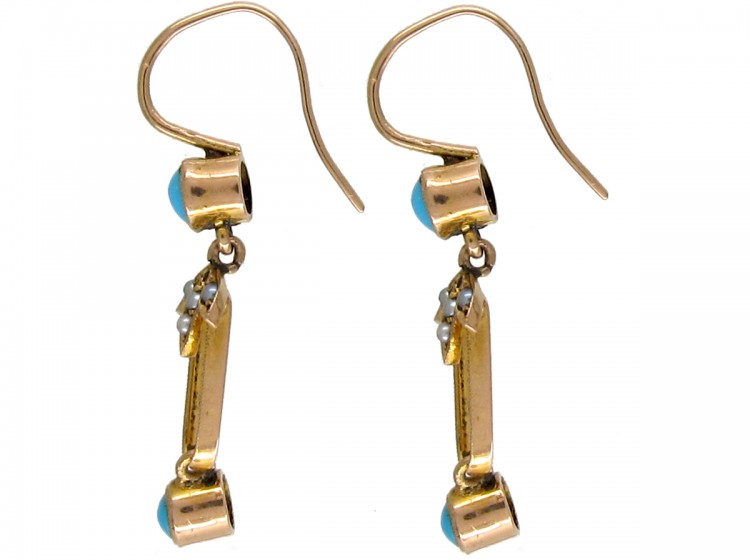 Edwardian Turquoise & Seed Pearl Drop Earrings