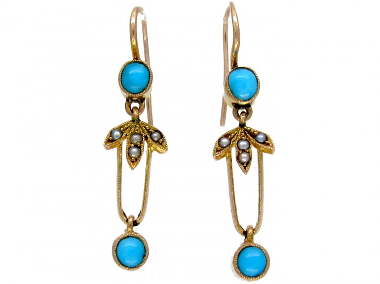 Edwardian Turquoise & Seed Pearl Drop Earrings
