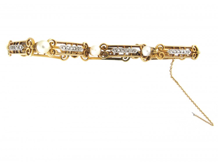 French Natural Pearl & Diamond 18ct Gold Bracelet