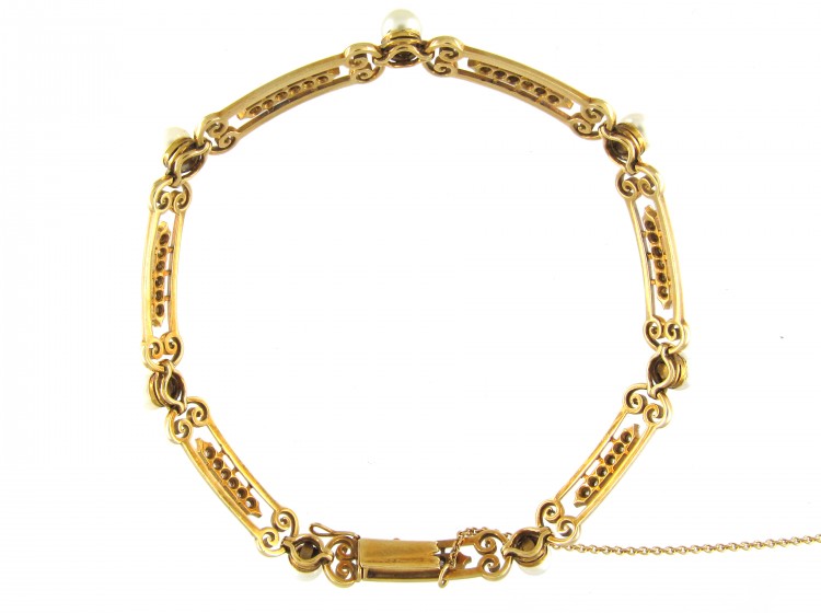 French Natural Pearl & Diamond 18ct Gold Bracelet