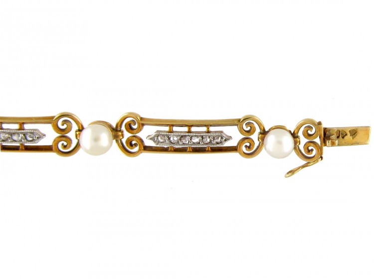 French Natural Pearl & Diamond 18ct Gold Bracelet