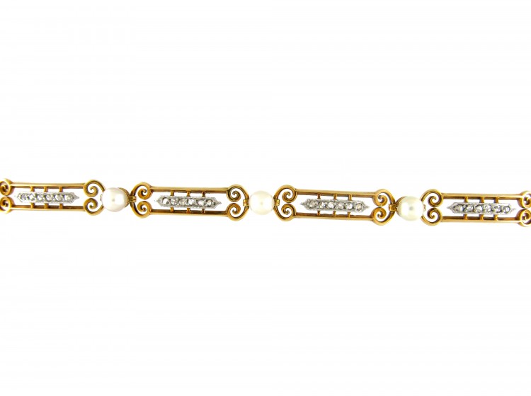 French Natural Pearl & Diamond 18ct Gold Bracelet