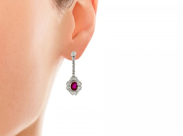 Ruby & Diamond Cluster Drop Earrings