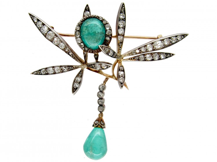 Edwardian Cabochon Emerald & Diamond Floral Brooch