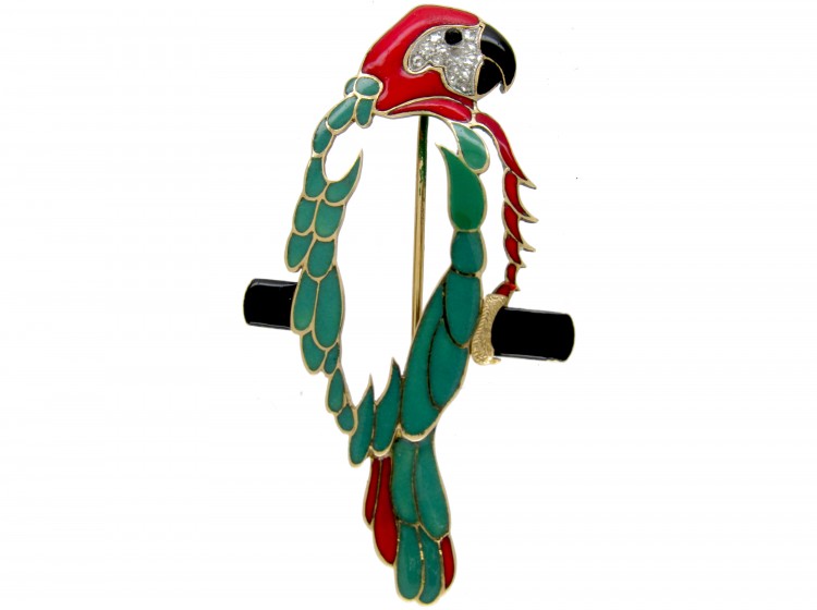Art Deco 18ct Gold, Diamond & Enamel Parrot Brooch