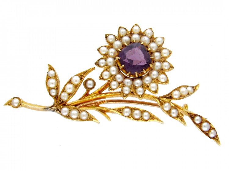 Amethyst & Natural Split Pearl Victorian Flower Brooch