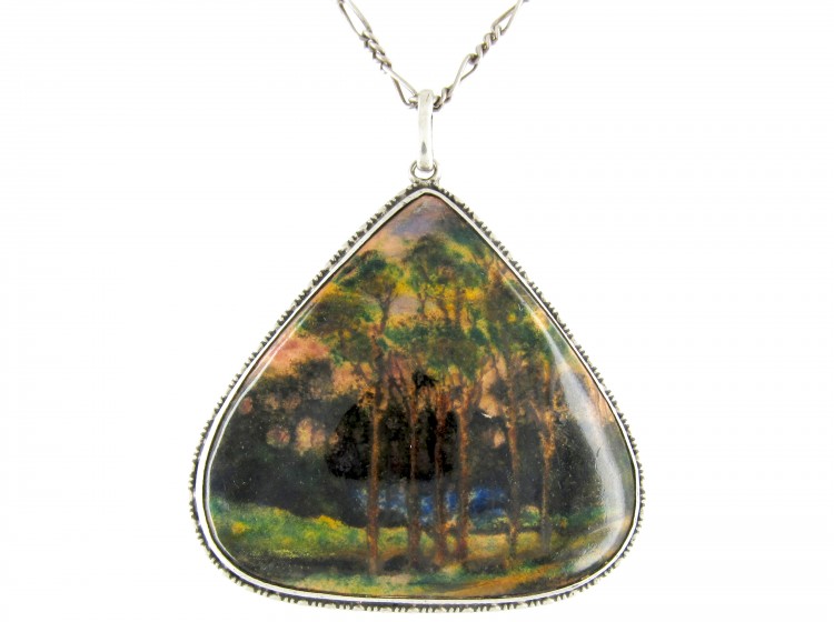 Art Nouveau Silver & Enamel Pendant on Chain