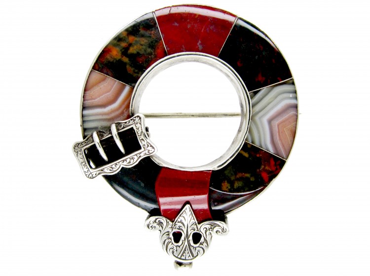 19th Century Scottish Silver & Agate Multicoloured Garter Brooch