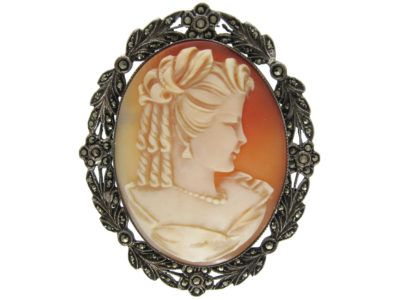 Silver & Marcasite Shell Cameo Brooch