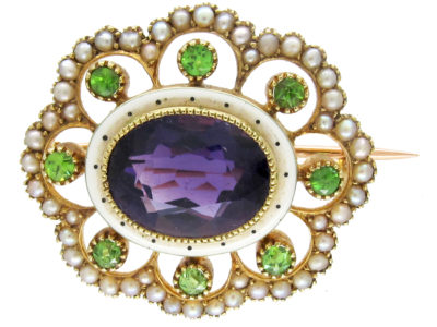 Suffragette Amethyst, Peridot & Seed Pearl Brooch