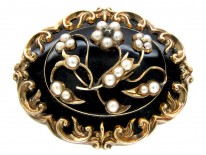 Victorian Black Enamel 15ct Gold Mourning Brooch With Natural Split Pearls & Small Diamond