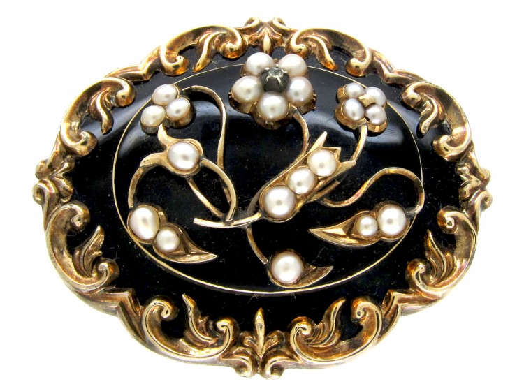 Victorian Black Enamel 15ct Gold Mourning Brooch With Natural Split Pearls & Small Diamond