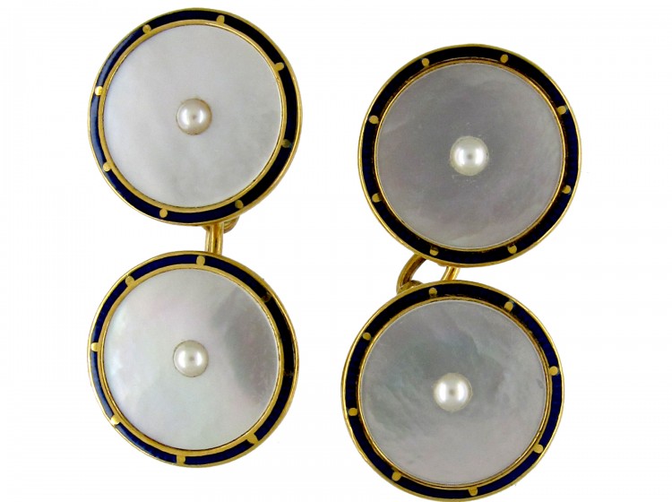 18ct Gold Mother of Pearl & Blue Enamel Cufflinks
