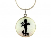 Edwardian Silver & Guilloche Enamel Cherub & Dog Pendant