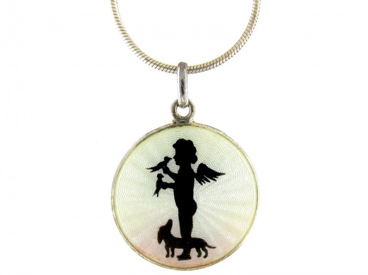 Edwardian Silver & Guilloche Enamel Cherub & Dog Pendant