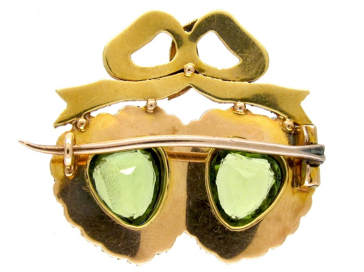 Double Heart Brooch set with Peridots & Natural Split Pearls