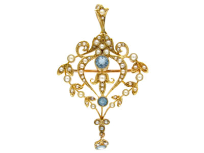 Aquamarine & Natural Split Pearl 15ct Gold Pendant Brooch