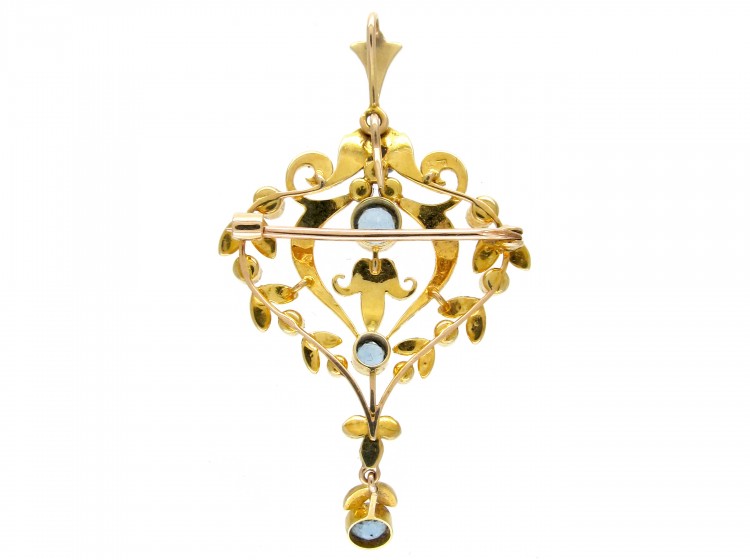 Aquamarine & Natural Split Pearl 15ct Gold Pendant Brooch