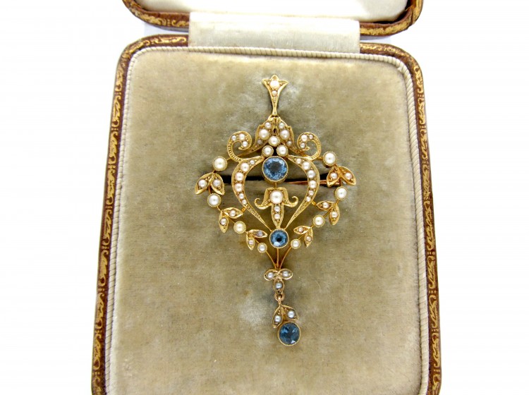 Aquamarine & Natural Split Pearl 15ct Gold Pendant Brooch