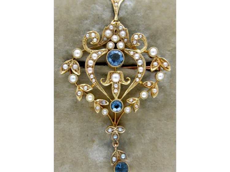 Aquamarine & Natural Split Pearl 15ct Gold Pendant Brooch