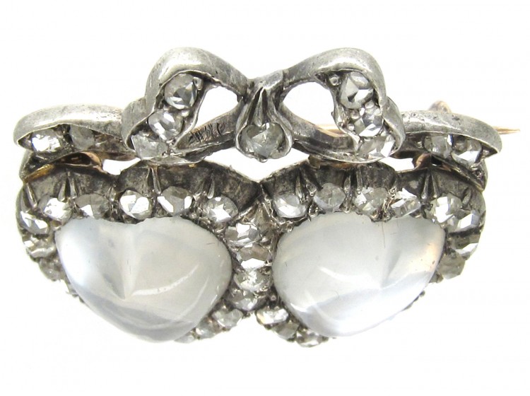 Double Heart Diamond & Moonstone Edwardian Brooch