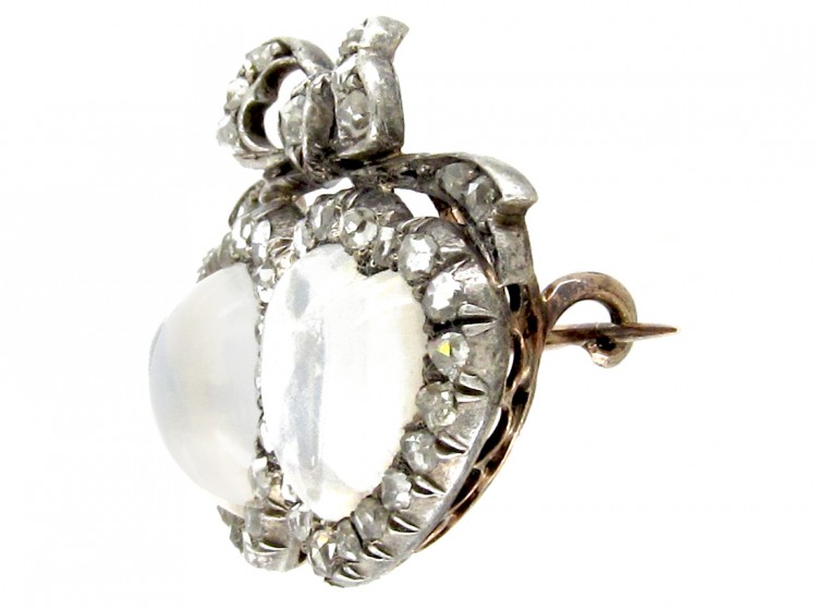 Double Heart Diamond & Moonstone Edwardian Brooch