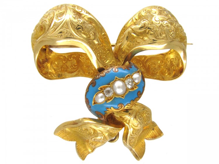 Victorian Turquoise Enamel & Diamond 15ct Gold Bow Brooch