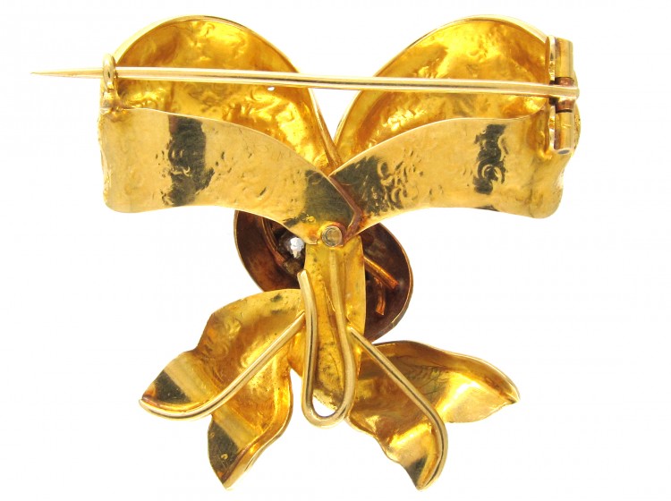 Victorian Turquoise Enamel & Diamond 15ct Gold Bow Brooch