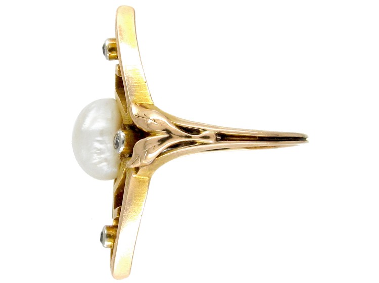 Art Nouveau 18ct Gold, Natural Pearl & Diamond Marquise Ring
