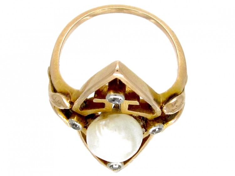 Art Nouveau 18ct Gold, Natural Pearl & Diamond Marquise Ring