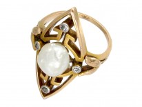 Art Nouveau 18ct Gold, Natural Pearl & Diamond Marquise Ring