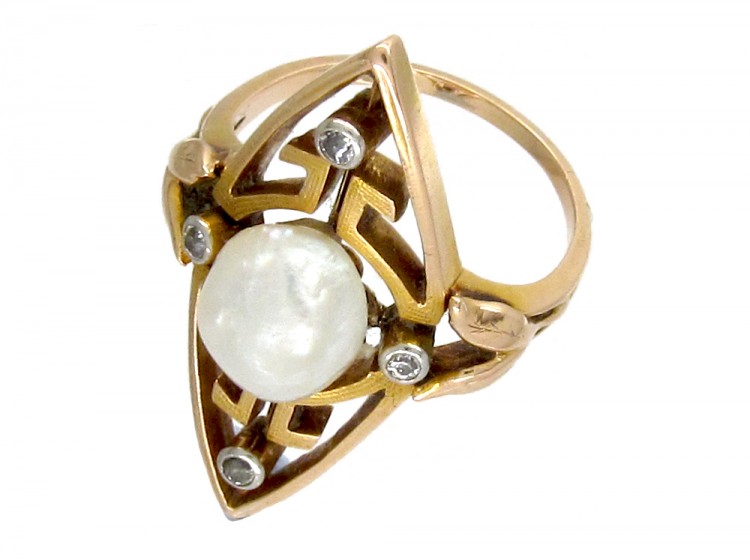 Art Nouveau 18ct Gold, Natural Pearl & Diamond Marquise Ring