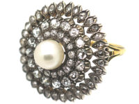 Edwardian Large 18ct Gold, Silver, Diamond & Natural Pearl Cluster Ring