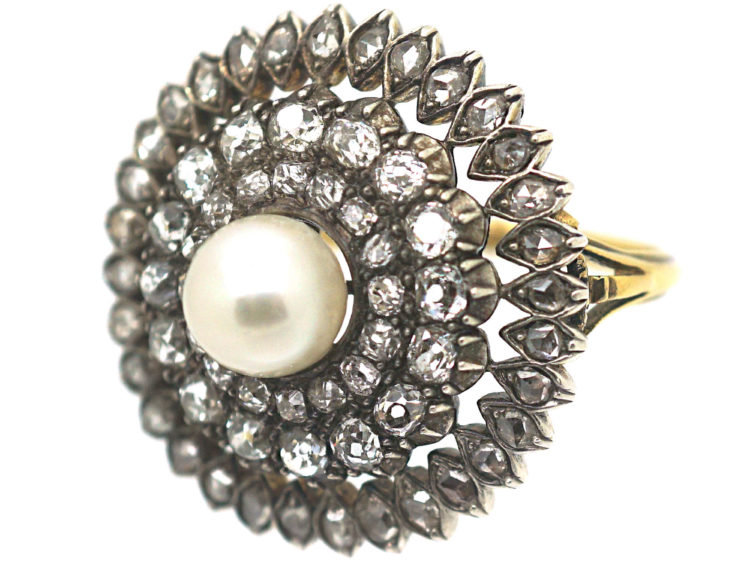Edwardian Large 18ct Gold, Silver, Diamond & Natural Pearl Cluster Ring