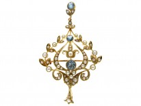 Aquamarine & Natural Split Pearl 15ct Gold Pendant Brooch