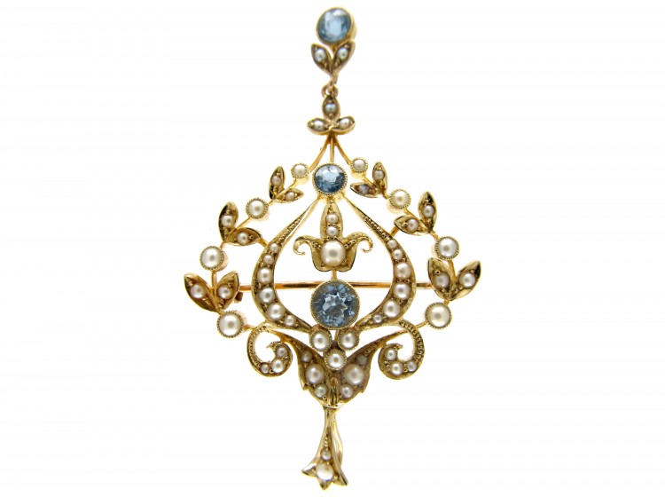 Aquamarine & Natural Split Pearl 15ct Gold Pendant Brooch
