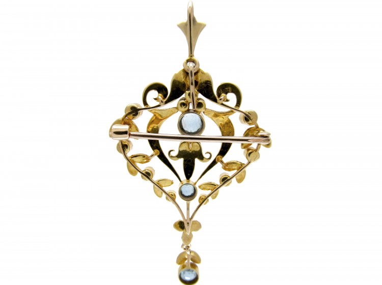 Aquamarine & Natural Split Pearl 15ct Gold Pendant Brooch