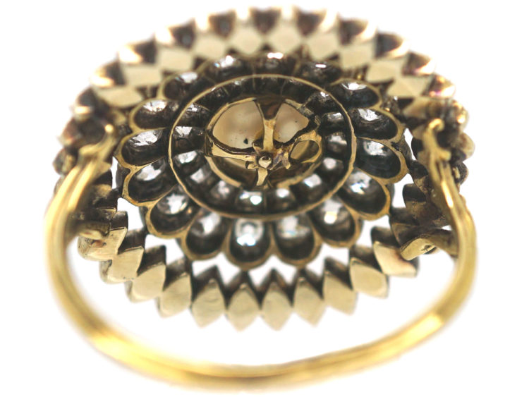 Edwardian Large 18ct Gold, Silver, Diamond & Natural Pearl Cluster Ring