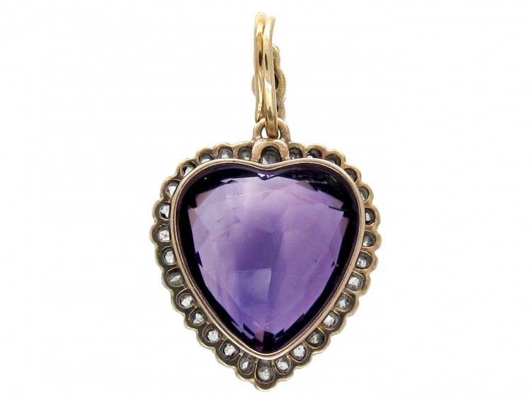 Edwardian Silver & 15ct Gold, Diamond & Amethyst Heart Pendant