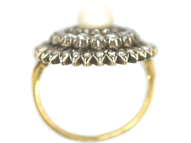 Edwardian Large 18ct Gold, Silver, Diamond & Natural Pearl Cluster Ring