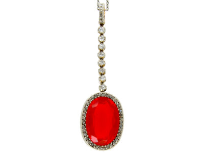 Fire Opal & Diamond Art Deco Pendant on Platinum Chain