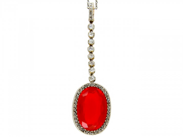 Fire Opal & Diamond Art Deco Pendant on Platinum Chain